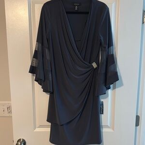 R&M Richards Black Asymmetrical Wrap Dress with Bell Sleeves